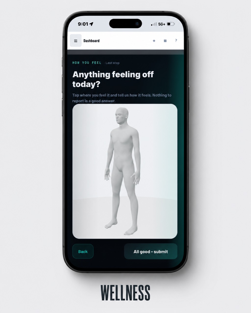 OneClub player wellness check-in on a phone