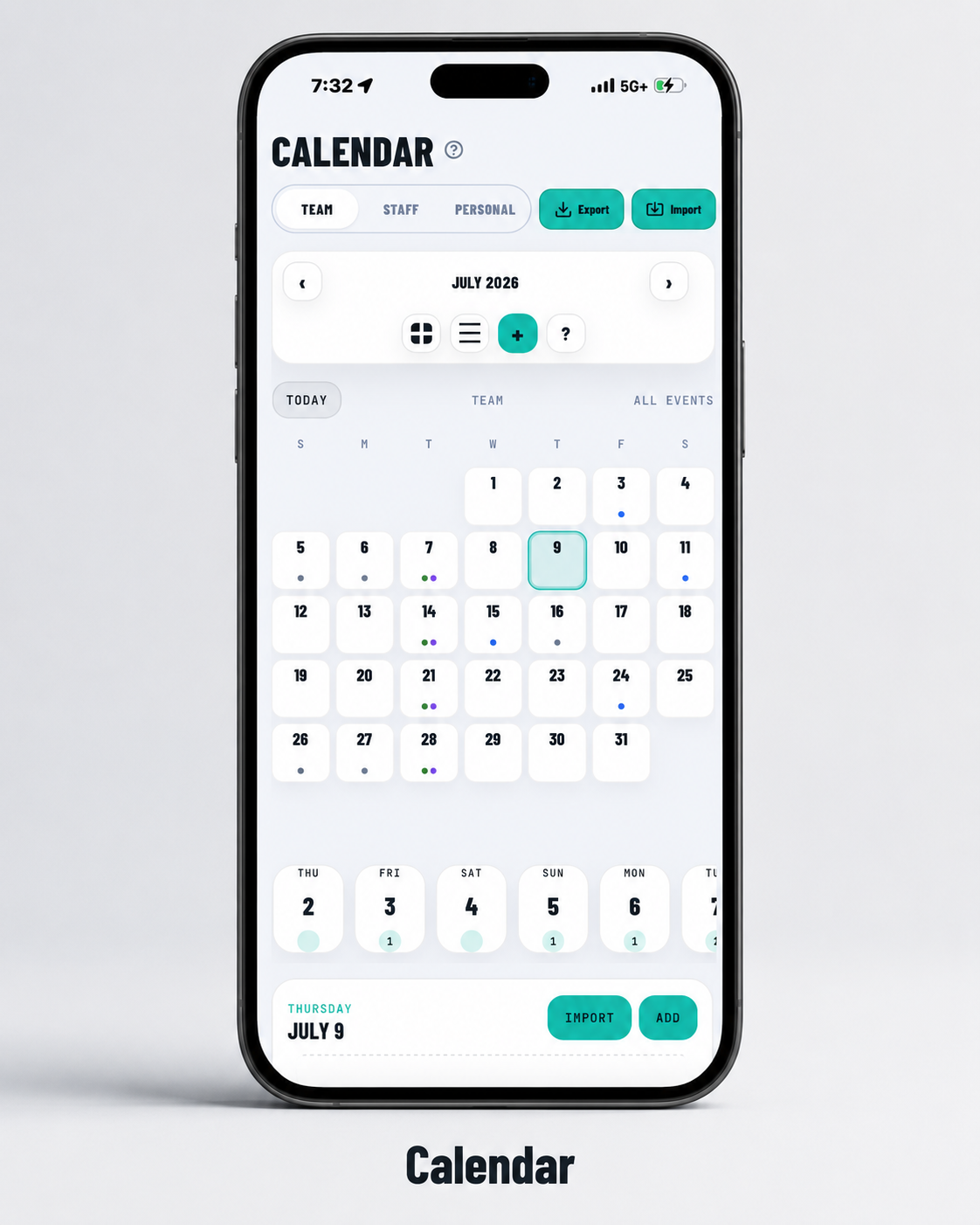 OneClub mobile calendar with team, staff and personal views