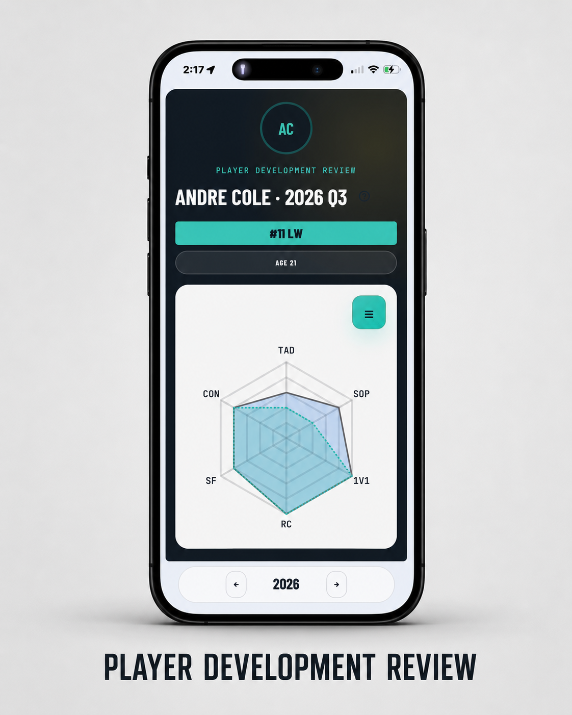 OneClub player development review on a phone with coach and player assessment