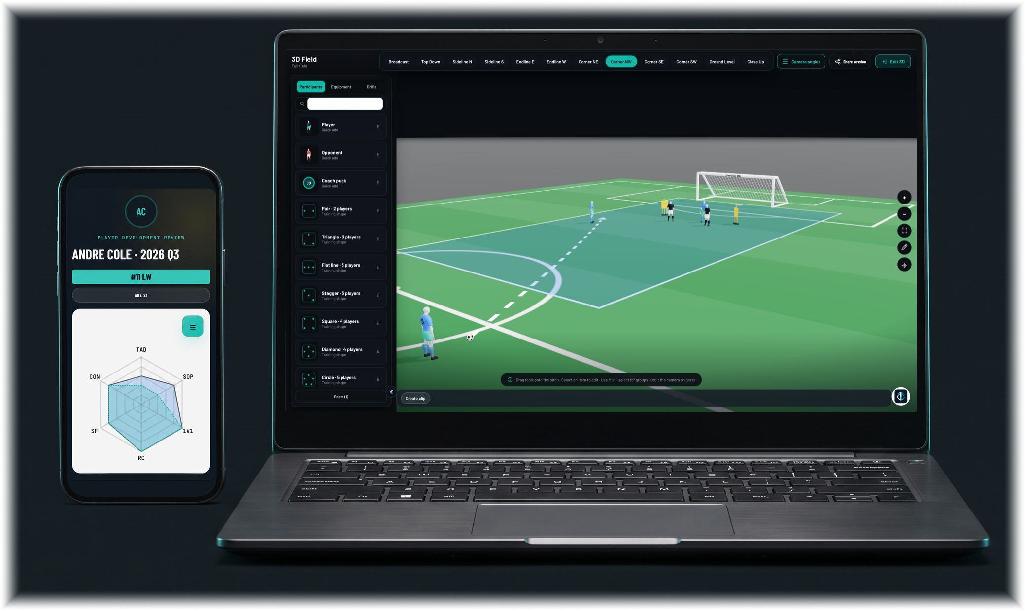 OneClub OS 3D Session Planning on a laptop beside a player's individual development review on mobile