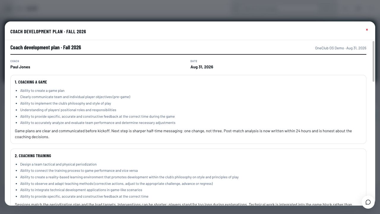 OneClub saved coach development plan reviewing coaching a game and coaching training