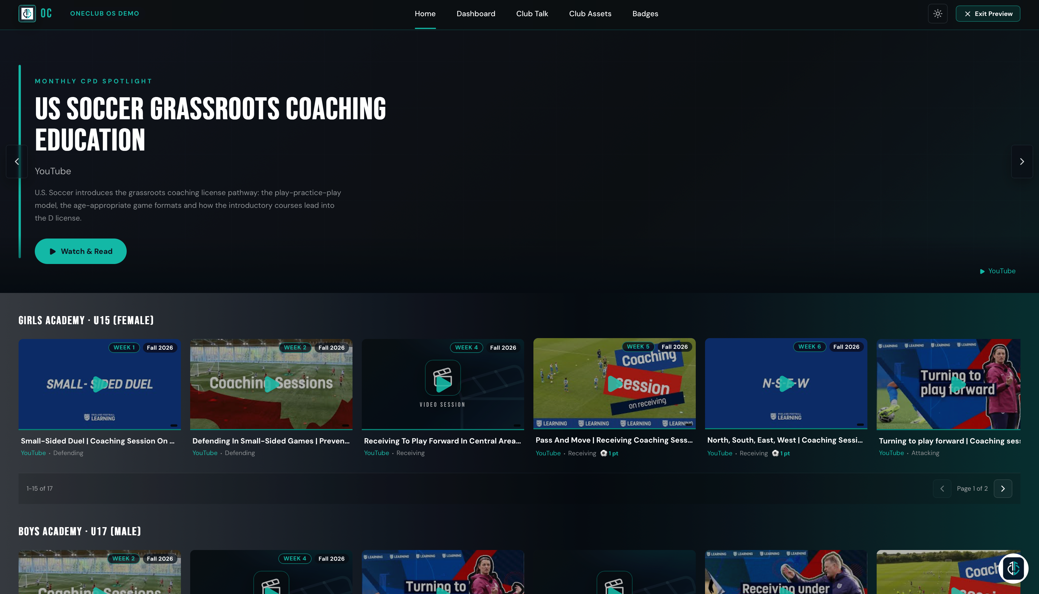 Coaches Corner home with a CPD spotlight and weekly coaching resources organized by age group