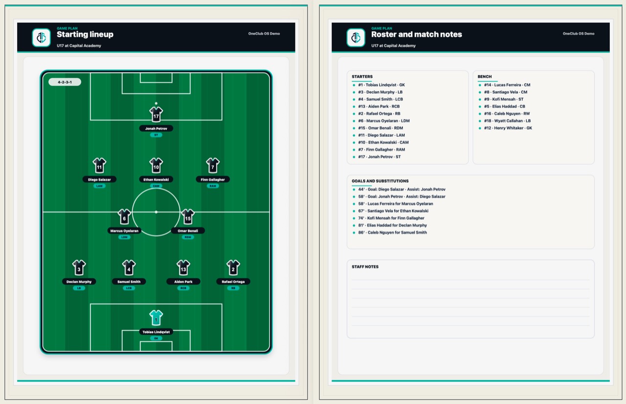 OneClub exported game-plan packet with starting lineup, roster, substitutions and staff notes